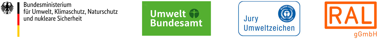 Logos für Bundesminister für Umwelt, Klimaschutz, Naturschutz und nukleare Sicherheit; Umweltbundesamtes; Jury Umweltzeichen & RAL gGmbH