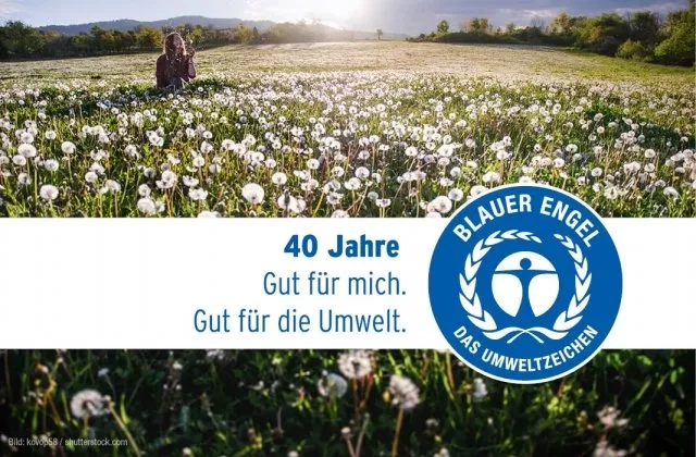 Poster with woman in a meadow with dandelions. Slogan: 40 years, good for me. Good for the environment. 