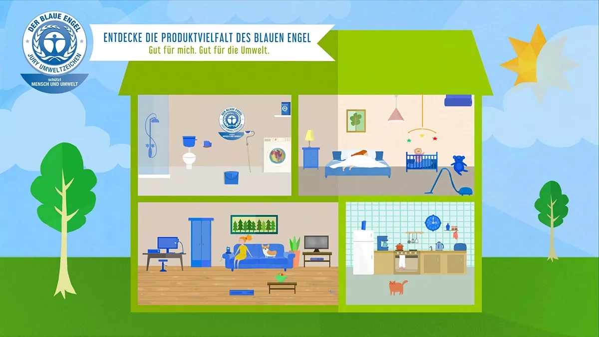 Illustration of a house with different living areas. Slogan: Discover the product diversity of the Blue Angel