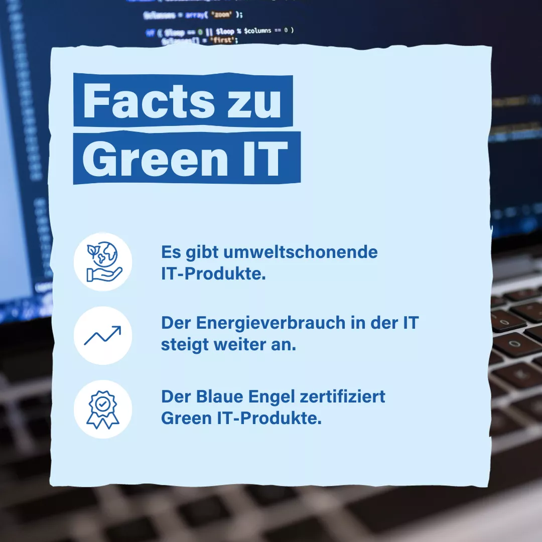 Im Hintergrund sind ein laufender Laptopbibdschirm und eine Tastatur zu sehen. Darüber ein hellblauer Kasten. Darin steht. Facts zu Green IT: Icon einer geöffneten ausgestreckten Hand, darüber ein Erdball. Daneben steht: Es gibt umweltschonende IT-Produkte. Icon eines nach oben verlaufenden Graphen. Daneben steht: Der Energieverbraucht in der IT steigt weiter an. Medaillen-Icon. Daneben steht: Der Blaue Engel zertifiziert Green IT-Produkte.