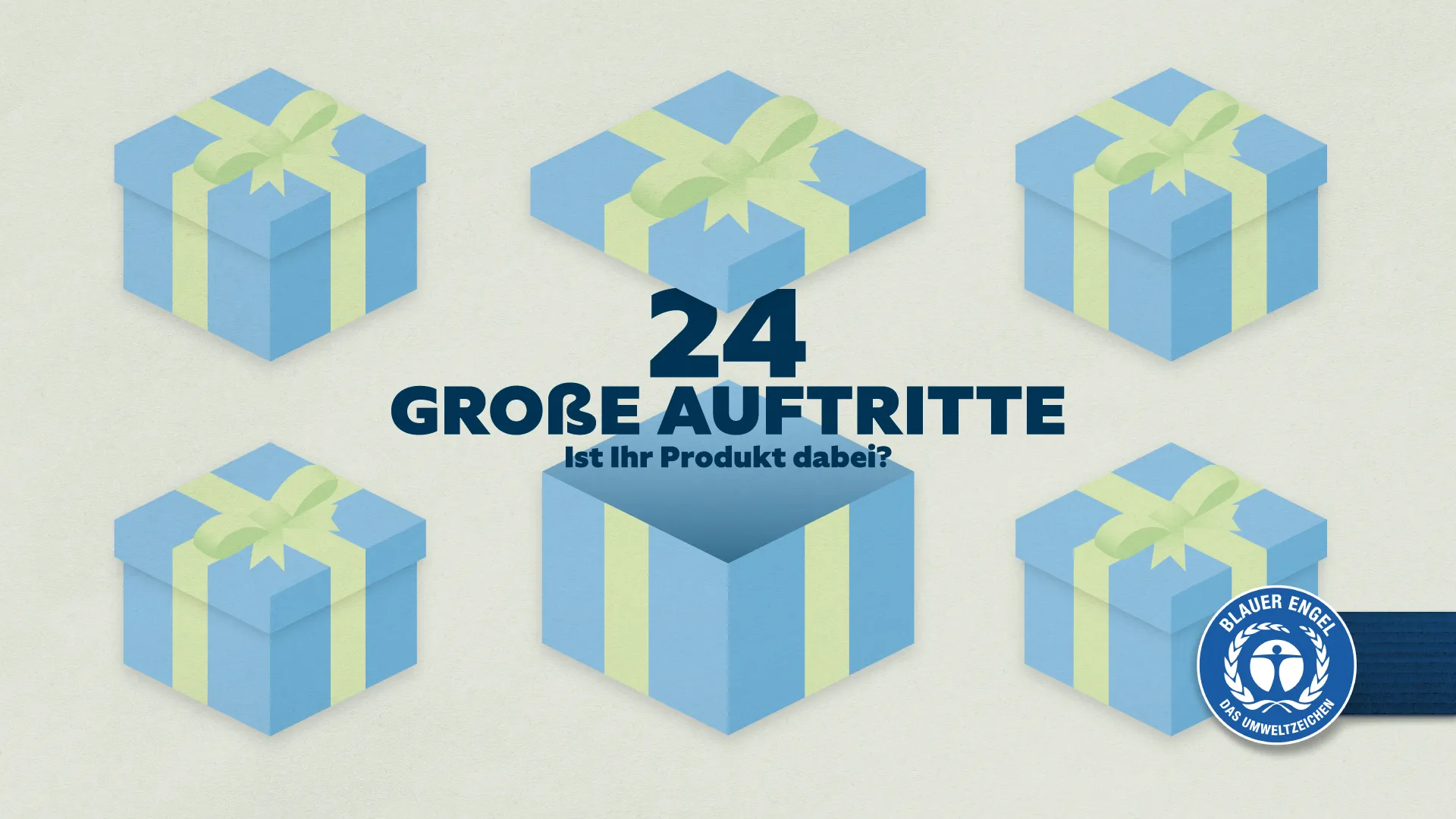 Graphic with 6 blue gift boxes with green ribbons. Text: 24 Grand Entrances