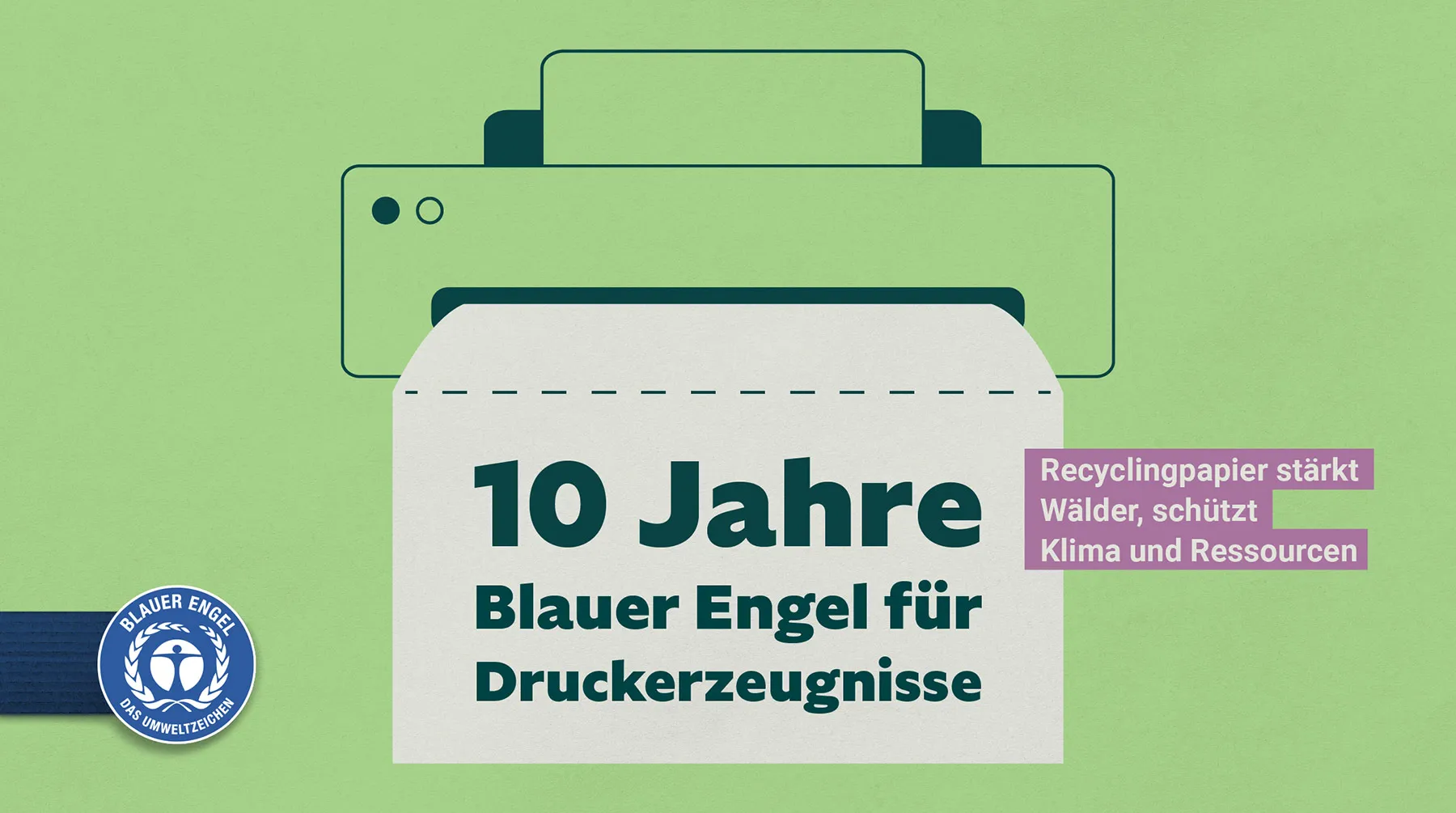 Contour graphic on a light green background with a printer icon and inscription: 10 years of Blue Angel for printed products